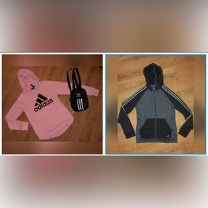 ADIDAS Pink Hoodie Sweatshirt + Hoodie Track Jacket + Black Mini Backpack Bundle